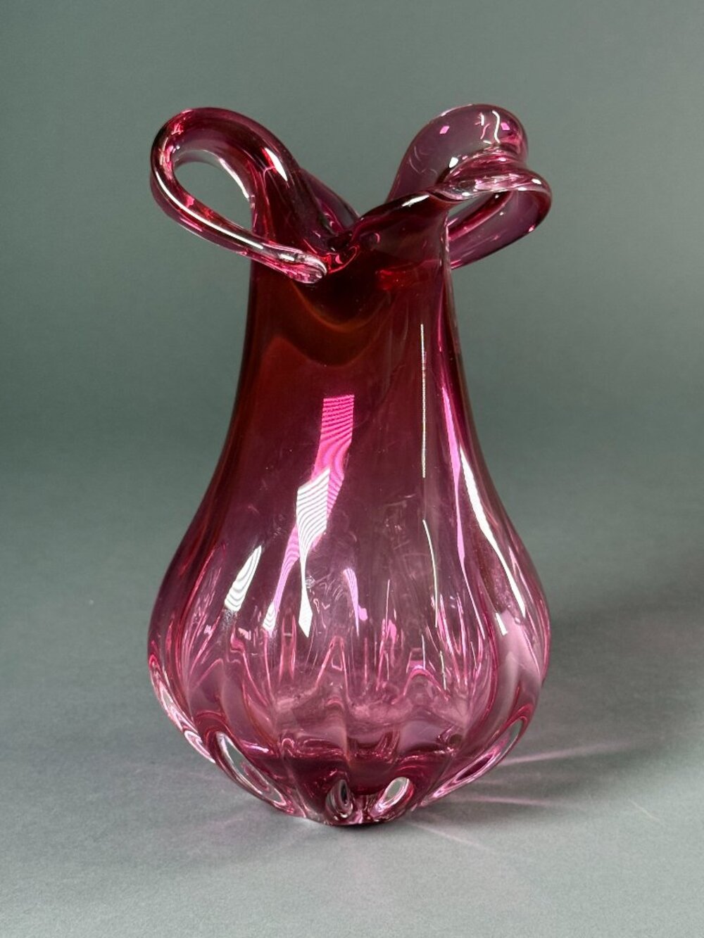 Vintage Amethyst Purple Art Glass Vase Ribbed Optical Double Loop Handle 9"